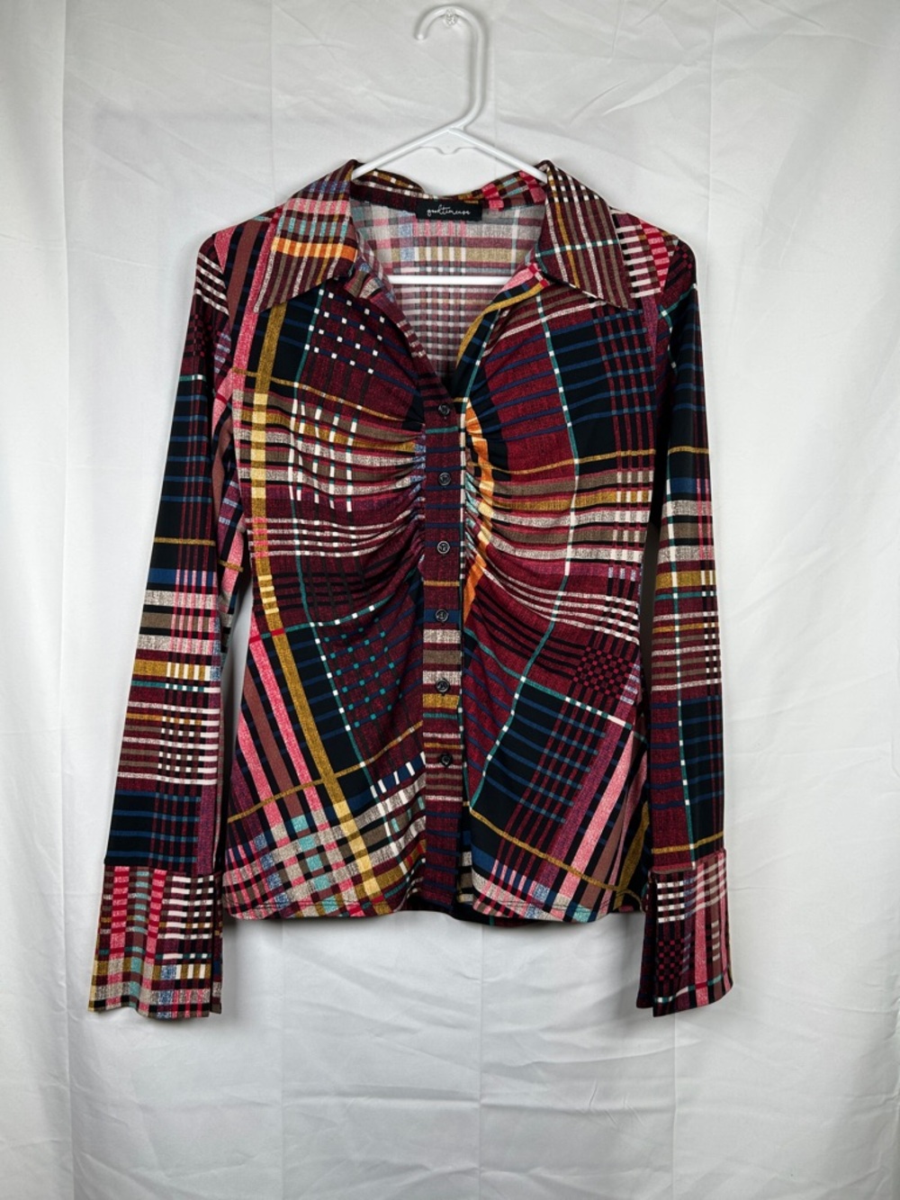 Goodtime USA Plaid Blouse Small Burgundy Pink Ruched Button Up Top